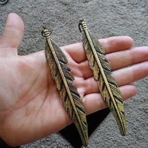 Long, feather, brass, bohemian earrings